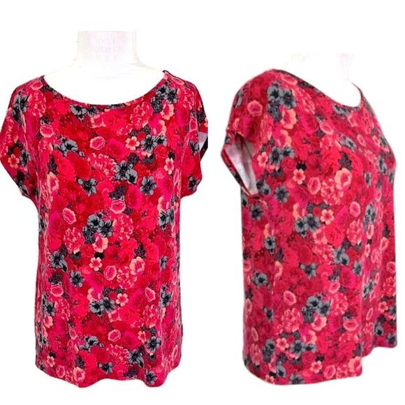 Talbots Plus 1X Top Tee Floral Cap Sleeve Red Pink - Picture 1 of 10